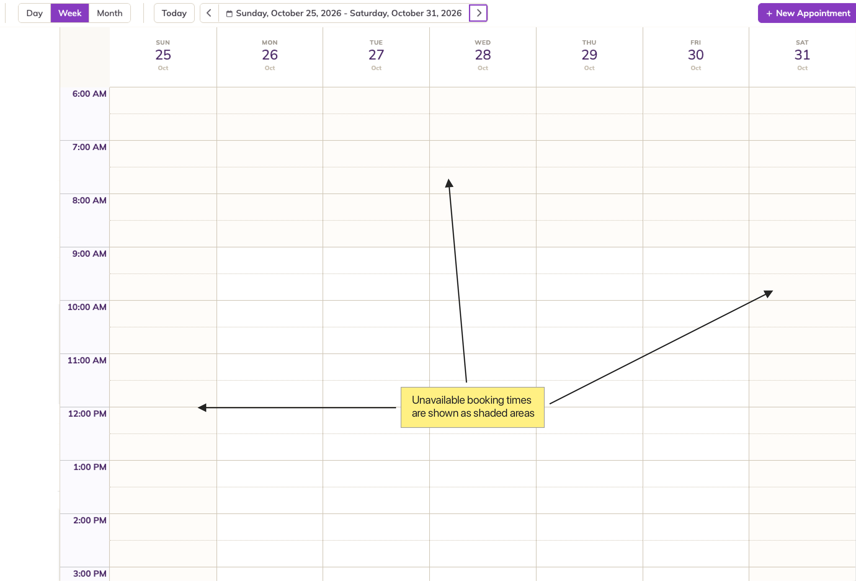 Week view with unavailable booking times shown as shaded areas