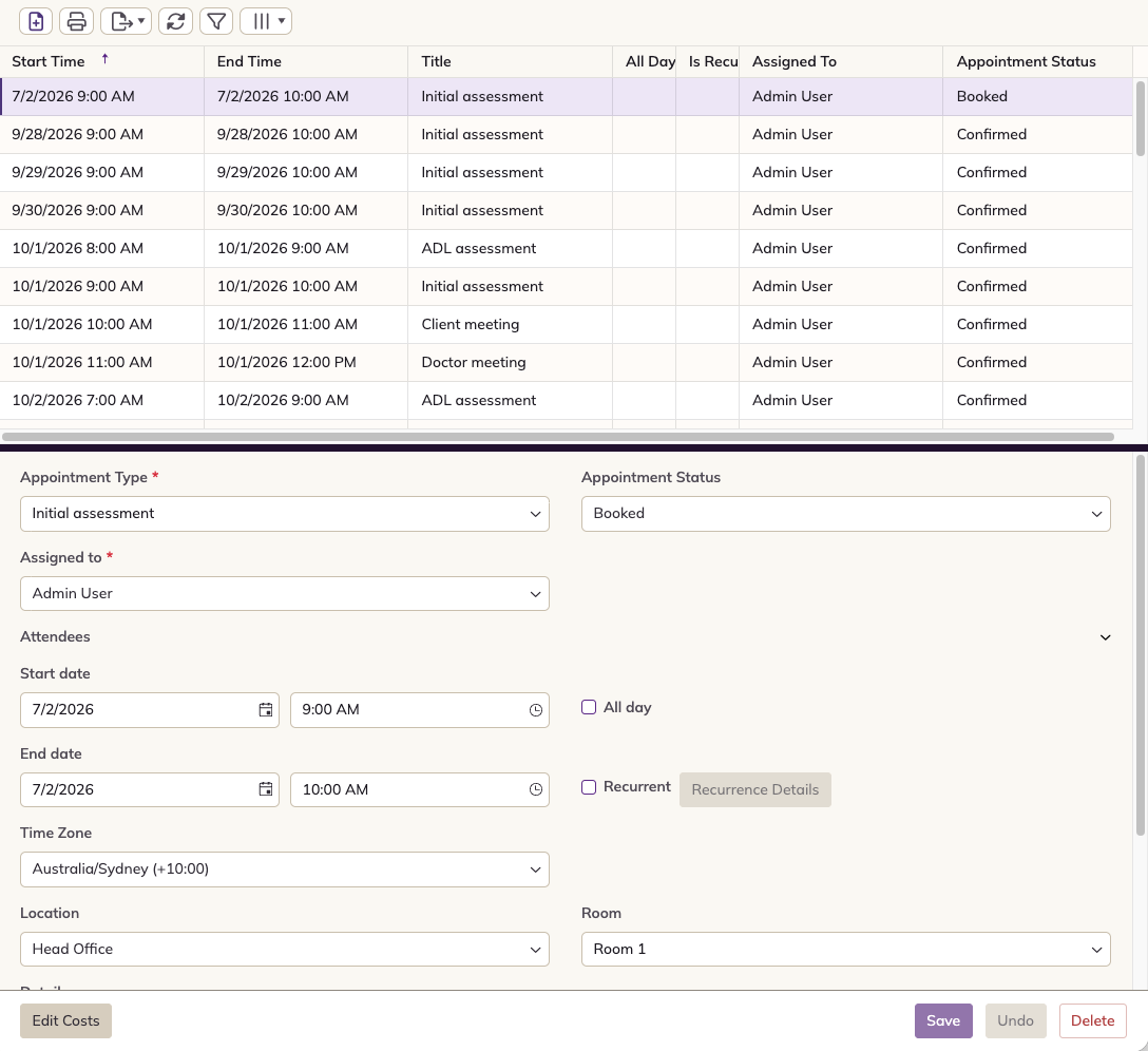 A case's Appointments tab, with the list of appointments above and the selected appointment below