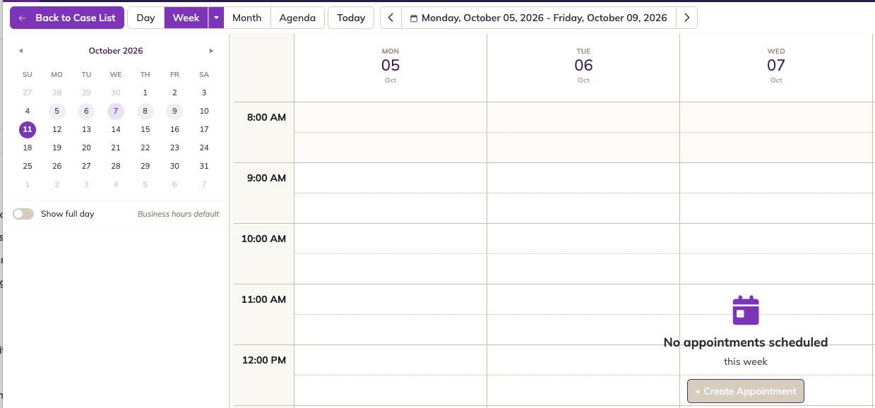 My Calendar in Week view, with the view buttons, mini-calendar and Show full day switch