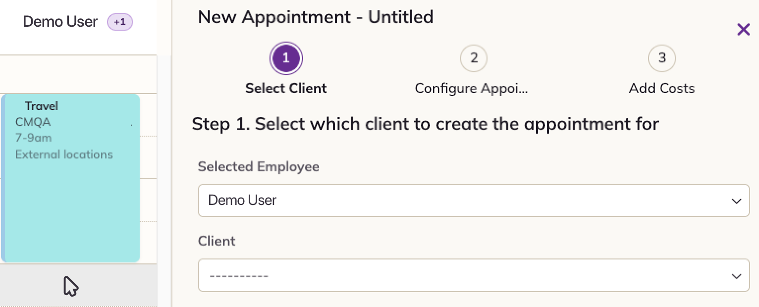 The Select Client step, with Demo User already chosen in the Selected Employee drop-down